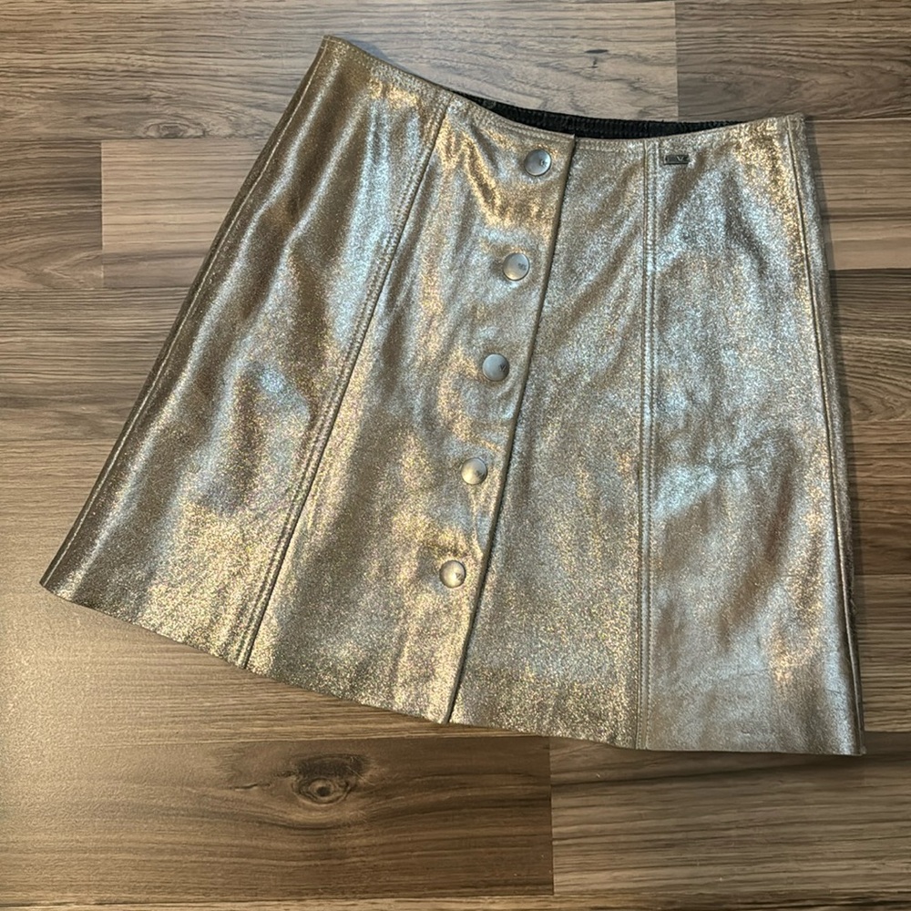 Vélez Gold Leather Metallic Shimmering Snap Vintage A Line Mini Skirt 6